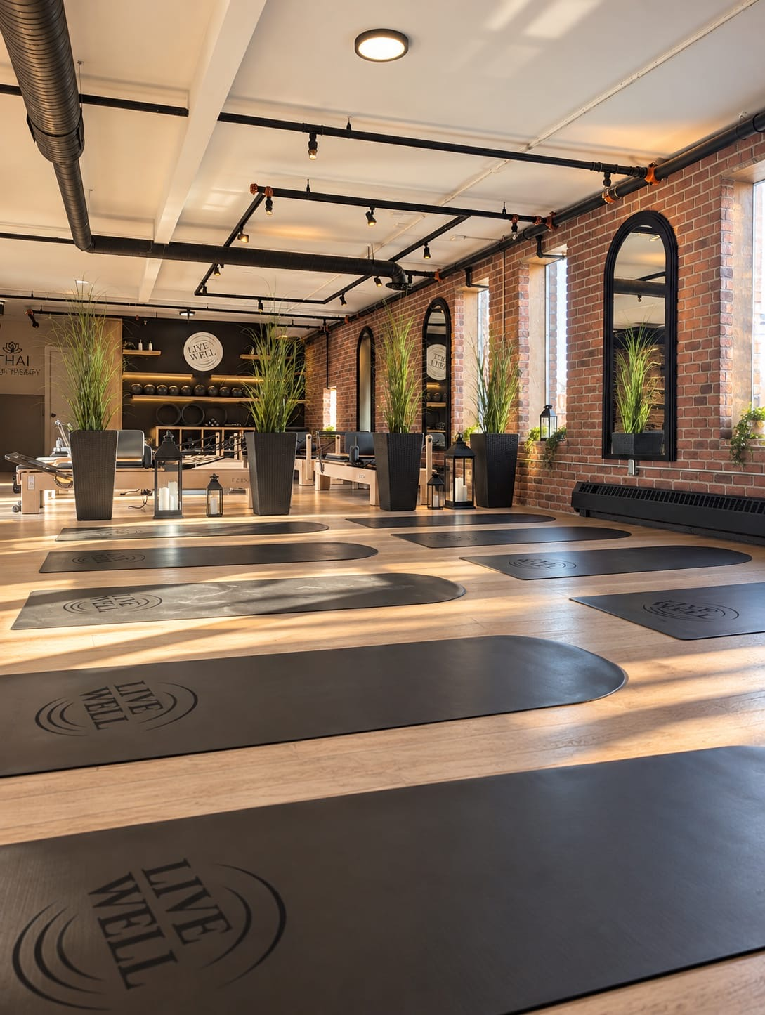 Live Well yoga mats laid out on a wood floor beside an exposed brick wall