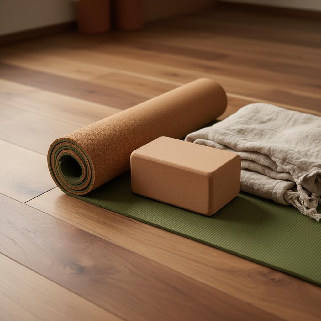 A neatly rolled cork yoga mat with a wooden block on a wide wooden floor