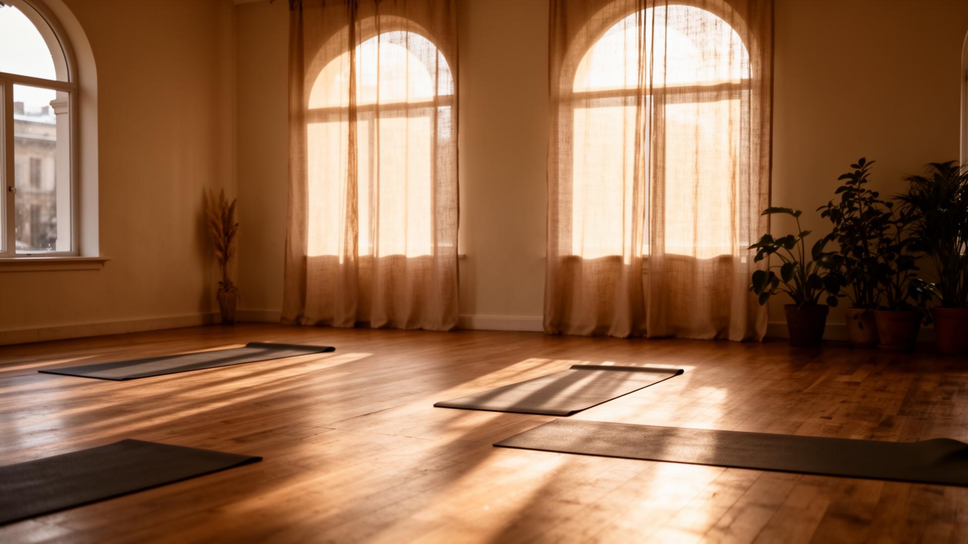 Soft morning light falling across a quiet yoga studio floor